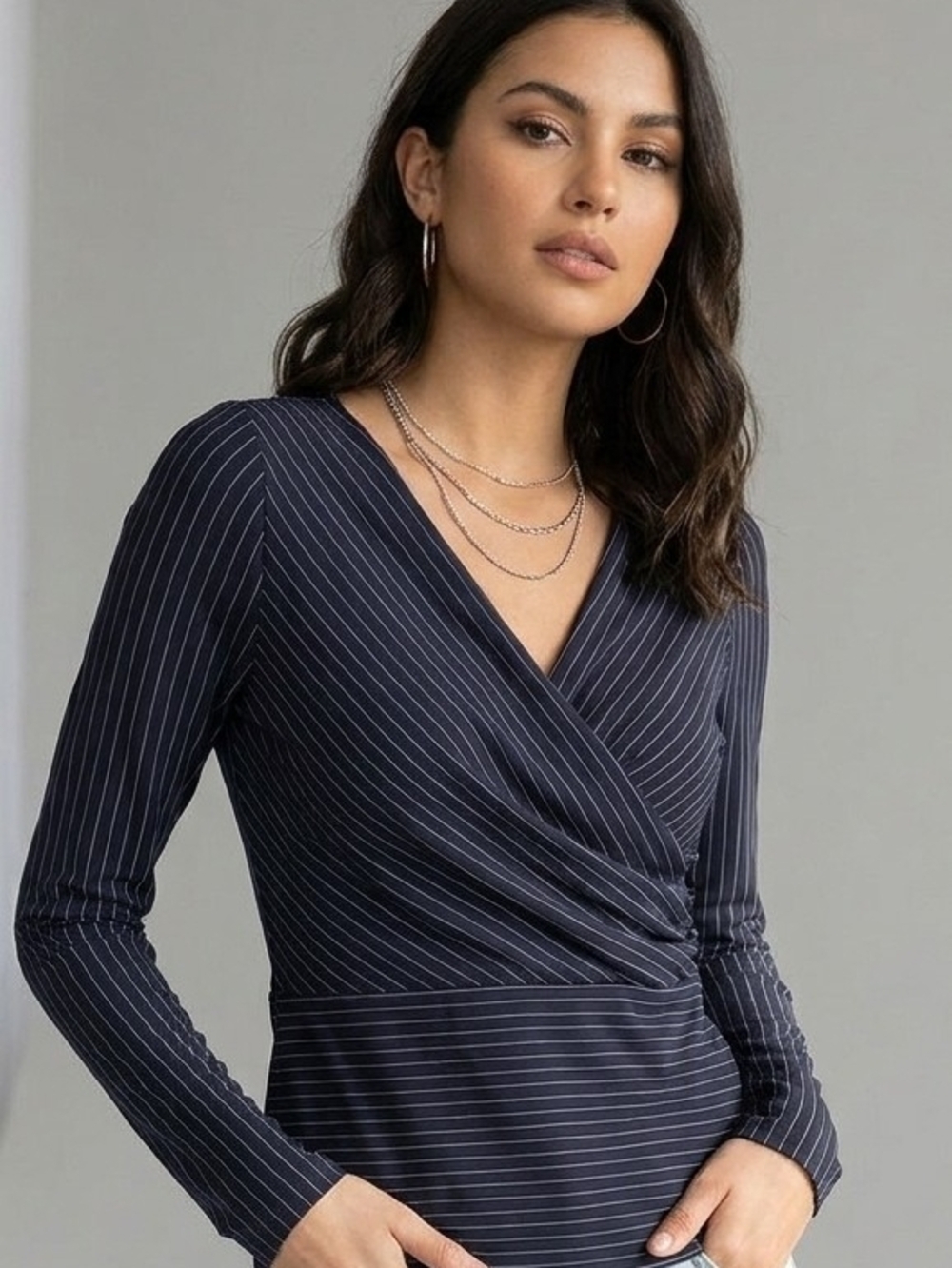 Ann Taylor Navy Pinstripe Wrap-Style Long Sleeve Top